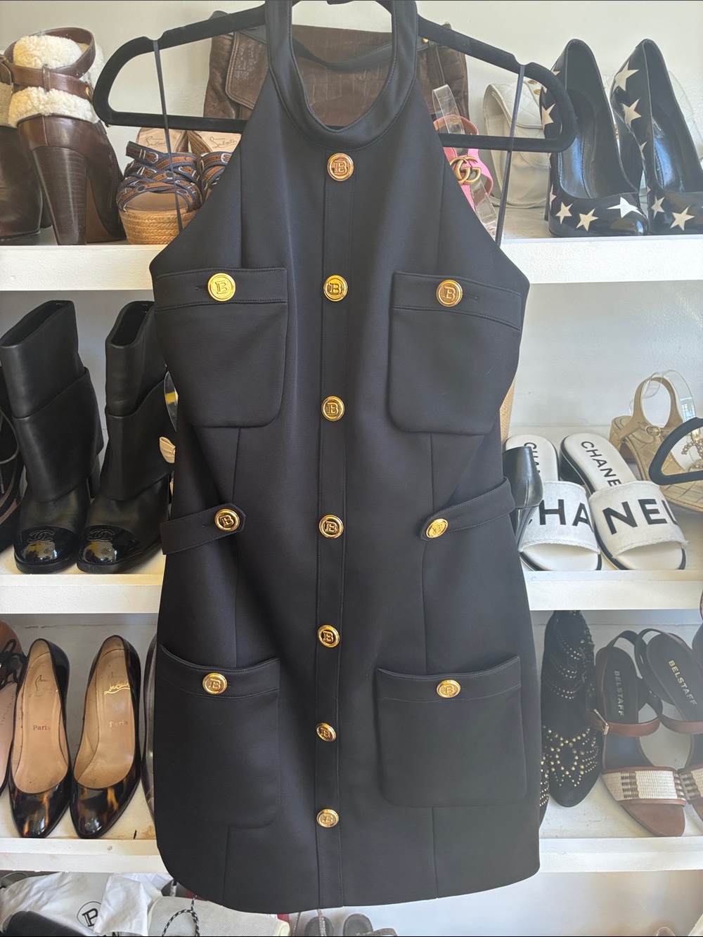 Balmain Black Halter Mini Dress with Gold Buttons